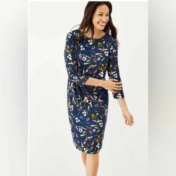 J Jill Navy Blue Floral 3/4 Sleeve Boat Neck Pullover Shift Dress Size M - Picture 7 of 11
